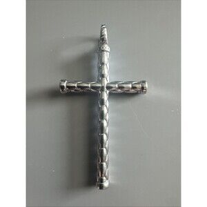Vintage Jewelry Silver Tone Religious Cross Pendant 2.5 Inch Stainless Steel